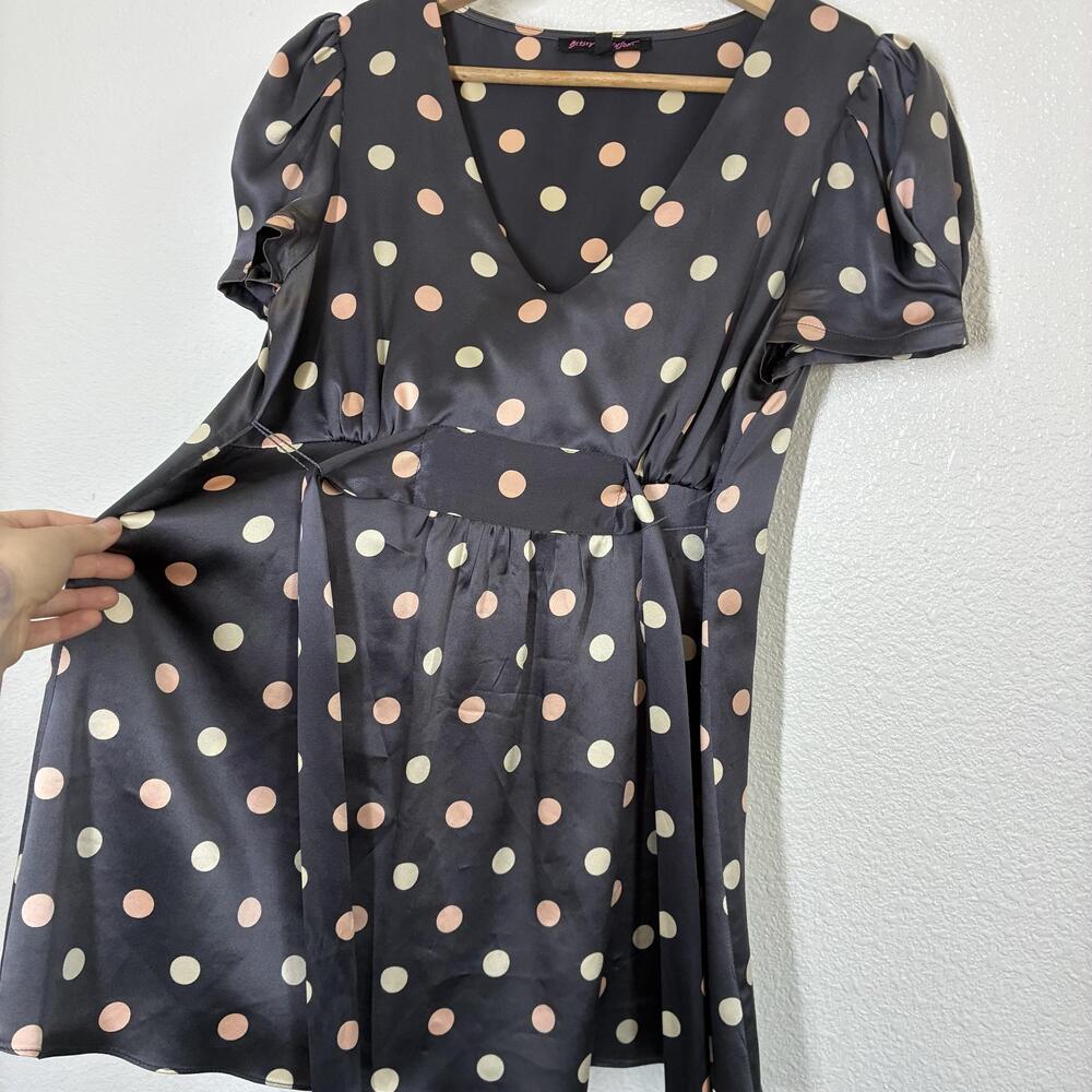 Betsey Johnson Dress Womens 6 Black Polka Dot Satin Wrap Mini Puff Sleeve Belted